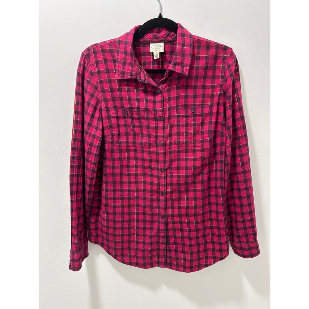 St. Johns Bay Womens Pink Purple Gold Metallic Plaid Flannel Shirt Medium M